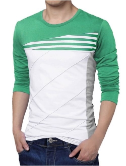 uxcell Men's Color Block Striped Panel Round Neck Long Sleeve Pullover T-Shirt