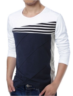 uxcell Men's Color Block Striped Panel Round Neck Long Sleeve Pullover T-Shirt