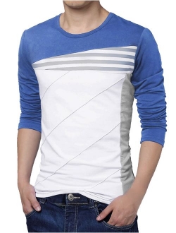 uxcell Men's Color Block Striped Panel Round Neck Long Sleeve Pullover T-Shirt