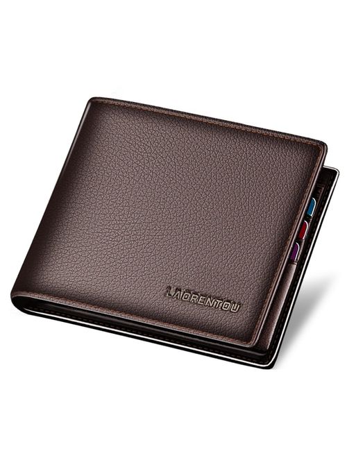 LAORENTOU Men's Wallets, Genuine Cow Leather RFID Blocking Gift Box Packaging Leather Mens Bifold Wallets with Zipper Coin Pocket Casual Men Purse Slim Short Wallet Gift 