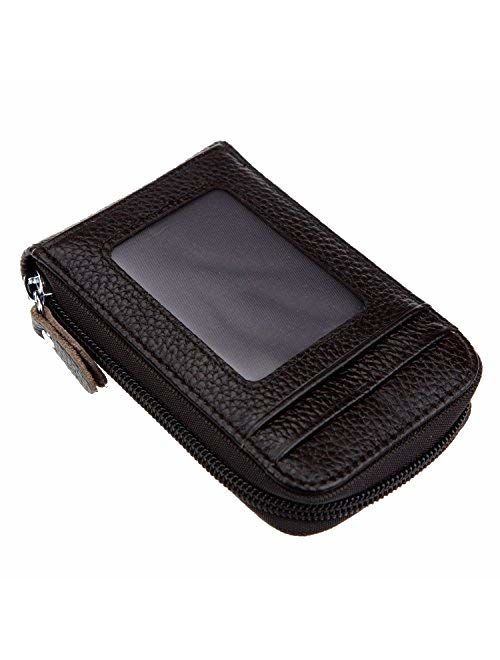 DKER Genuine Leather Mini Credit Card Case Organizer Compact Wallet with ID Window