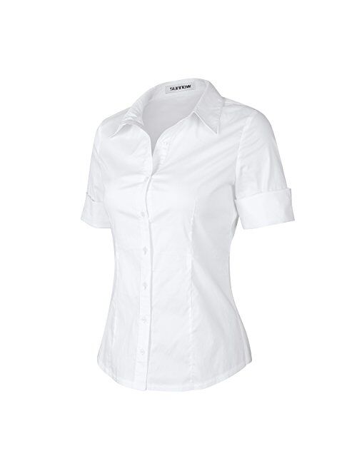 SUNNOW Womens Tailored Short Sleeve Basic Simple Button-Down Shirt with Stretch