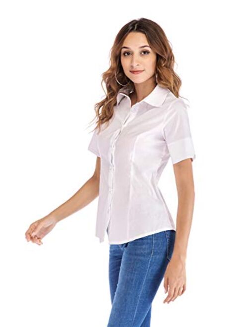 SUNNOW Womens Tailored Short Sleeve Basic Simple Button-Down Shirt with Stretch