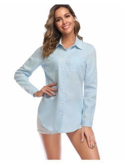 fuinloth Women's Chambray Button Down Shirt, Long Sleeve Cotton Blouse, Long Jeans Tunic Top