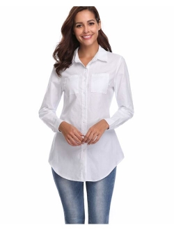 fuinloth Women's Chambray Button Down Shirt, Long Sleeve Cotton Blouse, Long Jeans Tunic Top