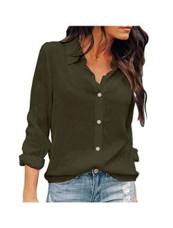 OMSJ Women Button Down Shirts Long Sleeve Chiffon Office V Neck Casual Business Blouses Tops