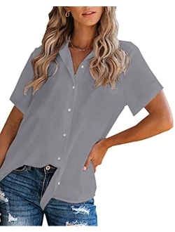 OMSJ Women Button Down Shirts Long Sleeve Chiffon Office V Neck Casual Business Blouses Tops