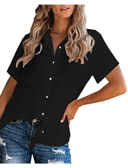 OMSJ Women Button Down Shirts Long Sleeve Chiffon Office V Neck Casual Business Blouses Tops