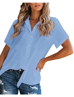 OMSJ Women Button Down Shirts Long Sleeve Chiffon Office V Neck Casual Business Blouses Tops