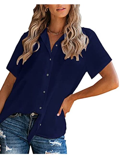 OMSJ Women Button Down Shirts Long Sleeve Chiffon Office V Neck Casual Business Blouses Tops