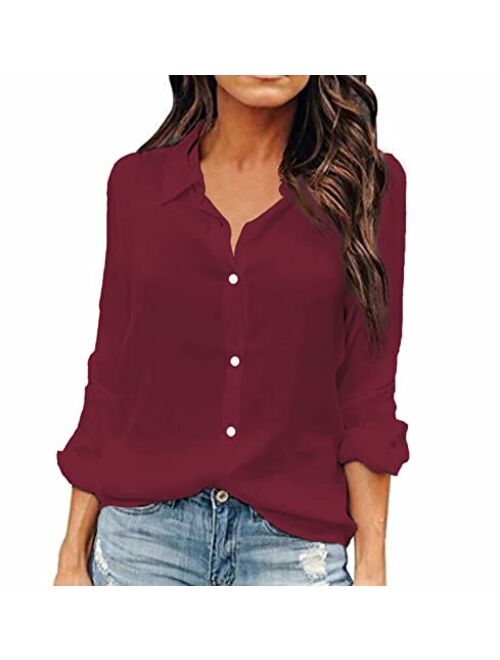 OMSJ Women Button Down Shirts Long Sleeve Chiffon Office V Neck Casual Business Blouses Tops