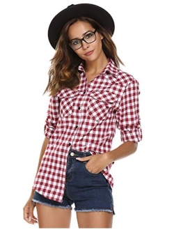 Zeagoo Womens Flannels Long/Roll Up Sleeve Plaid Shirts Cotton Check Gingham Top S-3XL