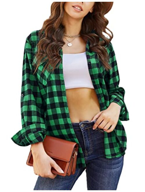 Zeagoo Womens Flannels Long/Roll Up Sleeve Plaid Shirts Cotton Check Gingham Top S-3XL