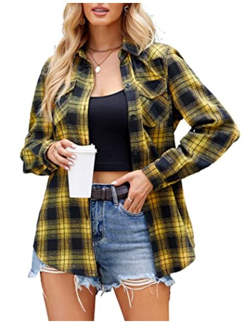 Zeagoo Womens Flannels Long/Roll Up Sleeve Plaid Shirts Cotton Check Gingham Top S-3XL