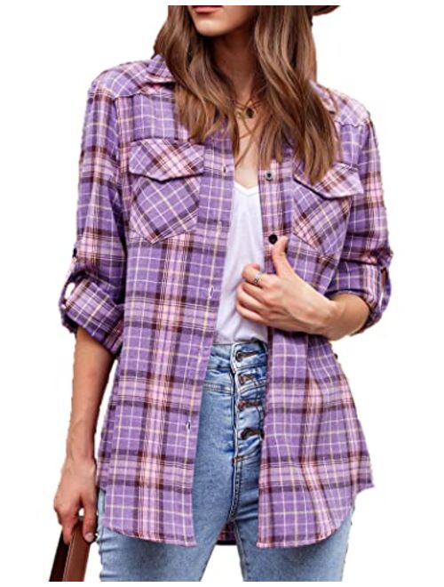 Zeagoo Womens Flannels Long/Roll Up Sleeve Plaid Shirts Cotton Check Gingham Top S-3XL