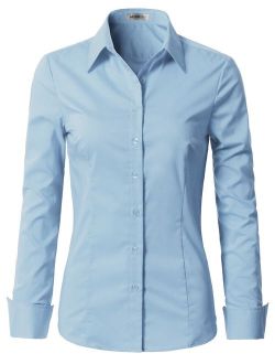 Doublju Womens Basic Slim Fit Stretchy Cotton Button Down Shirts with Plus Size