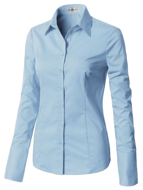 Doublju Womens Basic Slim Fit Stretchy Cotton Button Down Shirts with Plus Size