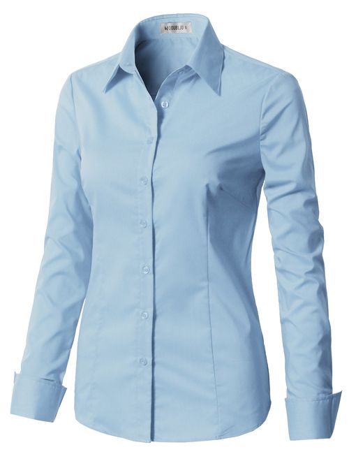 Doublju Womens Basic Slim Fit Stretchy Cotton Button Down Shirts with Plus Size