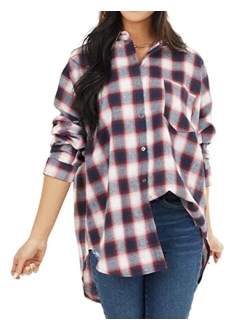 NUOREEL Womens Casual Plaid Soft Button Down Tops Roll Up Long Sleeve Cuffed Blouse Shirts