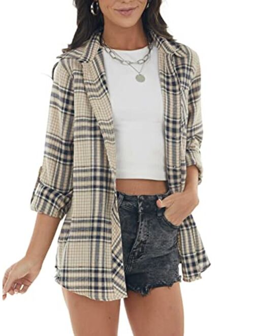 NUOREEL Womens Casual Plaid Soft Button Down Tops Roll Up Long Sleeve Cuffed Blouse Shirts