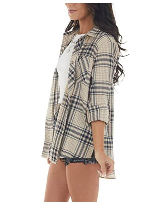 NUOREEL Womens Casual Plaid Soft Button Down Tops Roll Up Long Sleeve Cuffed Blouse Shirts