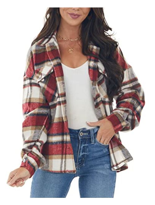 NUOREEL Womens Casual Plaid Soft Button Down Tops Roll Up Long Sleeve Cuffed Blouse Shirts