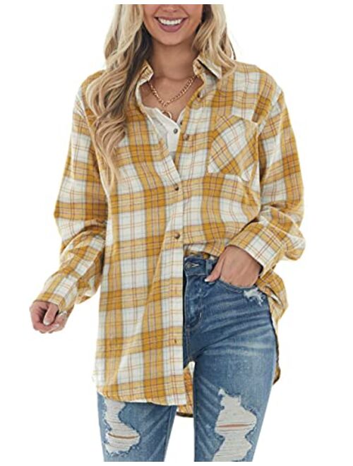 NUOREEL Womens Casual Plaid Soft Button Down Tops Roll Up Long Sleeve Cuffed Blouse Shirts