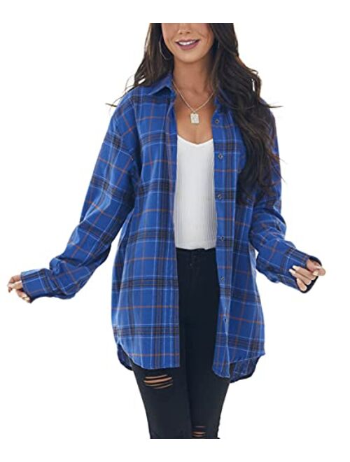 NUOREEL Womens Casual Plaid Soft Button Down Tops Roll Up Long Sleeve Cuffed Blouse Shirts