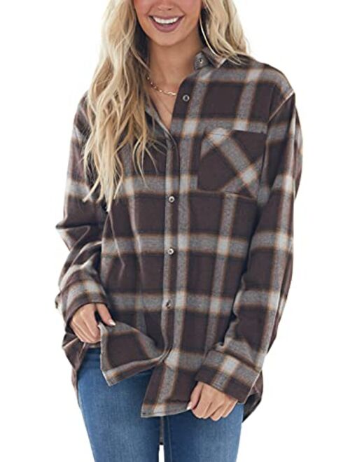 NUOREEL Womens Casual Plaid Soft Button Down Tops Roll Up Long Sleeve Cuffed Blouse Shirts