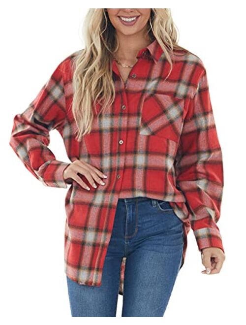 NUOREEL Womens Casual Plaid Soft Button Down Tops Roll Up Long Sleeve Cuffed Blouse Shirts