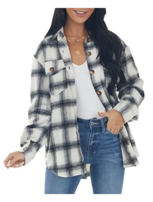 NUOREEL Womens Casual Plaid Soft Button Down Tops Roll Up Long Sleeve Cuffed Blouse Shirts