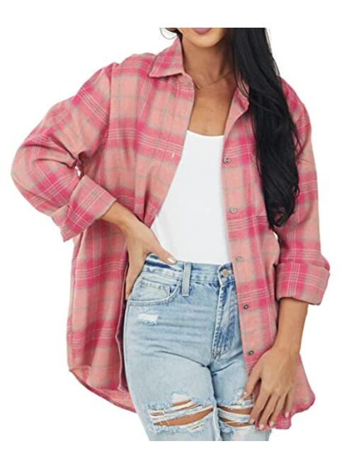 NUOREEL Womens Casual Plaid Soft Button Down Tops Roll Up Long Sleeve Cuffed Blouse Shirts