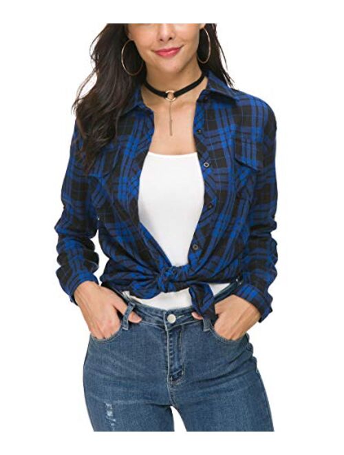 NUOREEL Womens Casual Plaid Soft Button Down Tops Roll Up Long Sleeve Cuffed Blouse Shirts