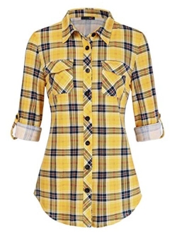 DJT Women's Roll Up Long Sleeve Collared Button Down Plaid Shirt