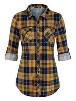 DJT Women's Roll Up Long Sleeve Collared Button Down Plaid Shirt