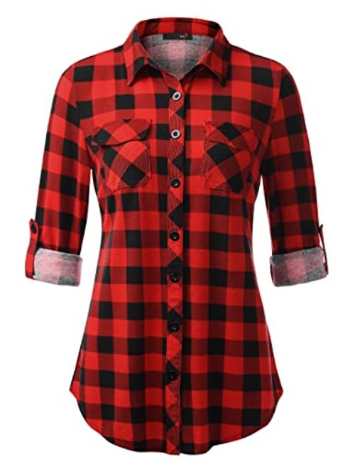 DJT Women's Roll Up Long Sleeve Collared Button Down Plaid Shirt