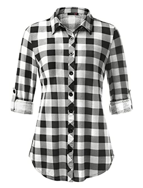 DJT Women's Roll Up Long Sleeve Collared Button Down Plaid Shirt