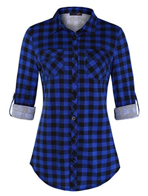 DJT Women's Roll Up Long Sleeve Collared Button Down Plaid Shirt