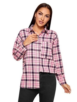 Women's Long Sleeve Collar Long Button Down Plaid Shirt Blouse Tops