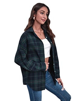 Women's Long Sleeve Collar Long Button Down Plaid Shirt Blouse Tops