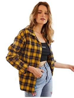 Women's Long Sleeve Collar Long Button Down Plaid Shirt Blouse Tops