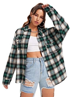 Women's Long Sleeve Collar Long Button Down Plaid Shirt Blouse Tops