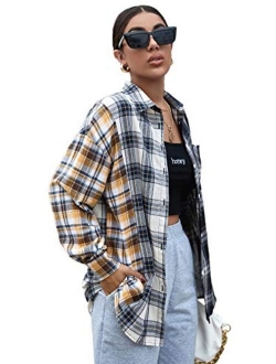 Women's Long Sleeve Collar Long Button Down Plaid Shirt Blouse Tops