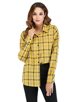 Women's Long Sleeve Collar Long Button Down Plaid Shirt Blouse Tops