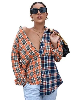 Women's Long Sleeve Collar Long Button Down Plaid Shirt Blouse Tops