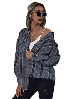 Women's Long Sleeve Collar Long Button Down Plaid Shirt Blouse Tops