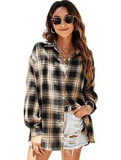 Women's Long Sleeve Collar Long Button Down Plaid Shirt Blouse Tops