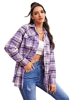 Women's Long Sleeve Collar Long Button Down Plaid Shirt Blouse Tops