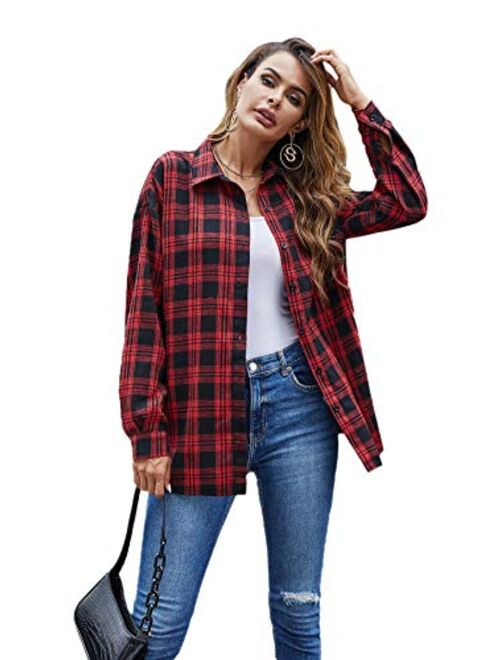 SweatyRocks Women's Long Sleeve Collar Long Button Down Plaid Shirt Blouse Tops