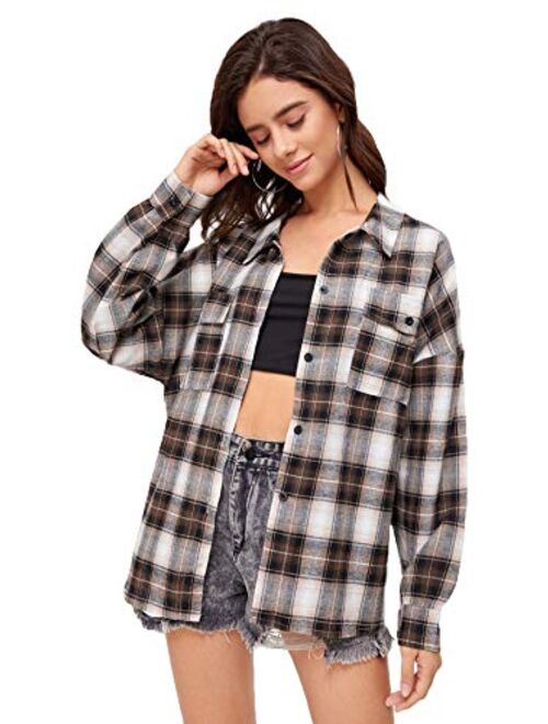 SweatyRocks Women's Long Sleeve Collar Long Button Down Plaid Shirt Blouse Tops